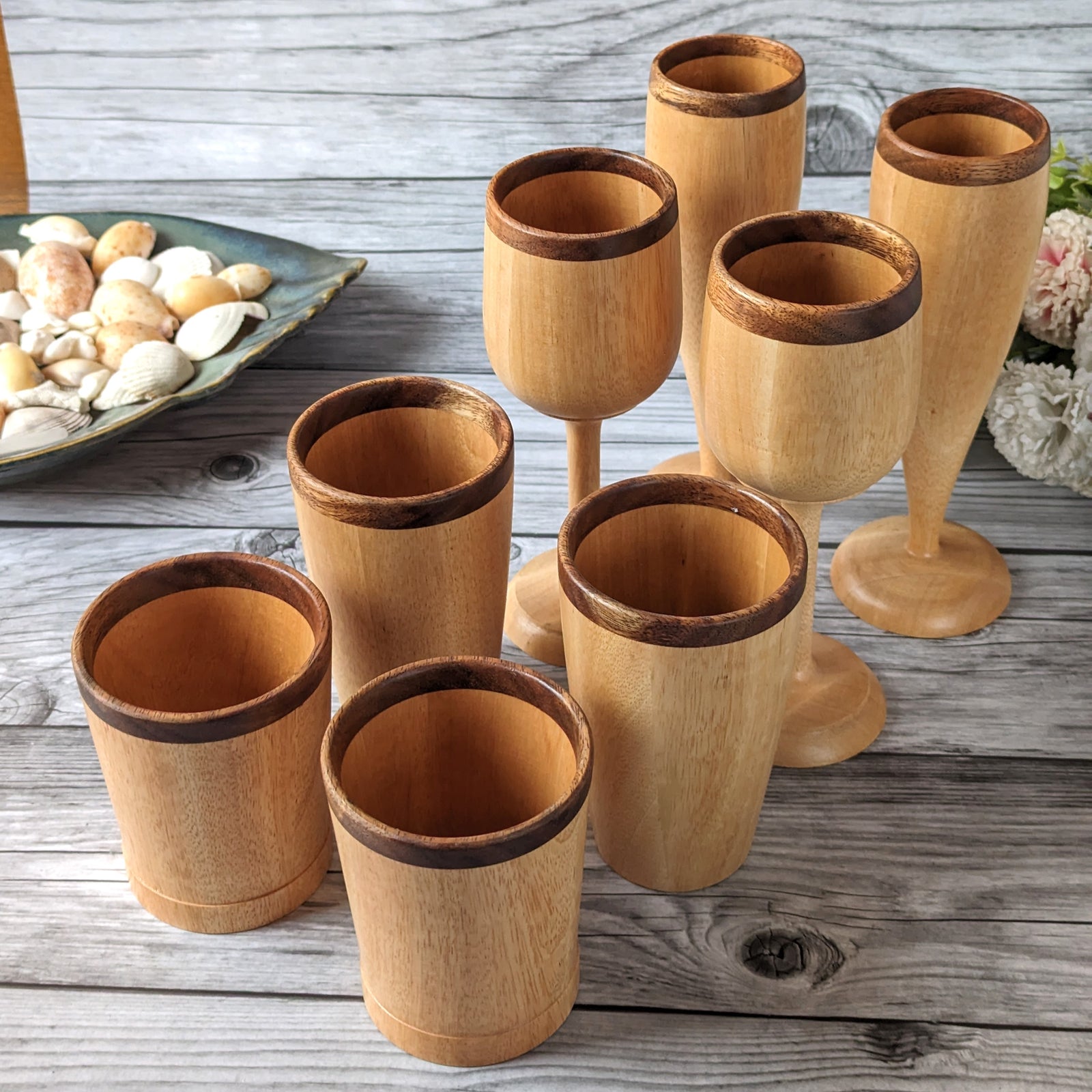 Set of 6 Vintage Small GLASS CUPS With Tray Wooden With Tray Glass
