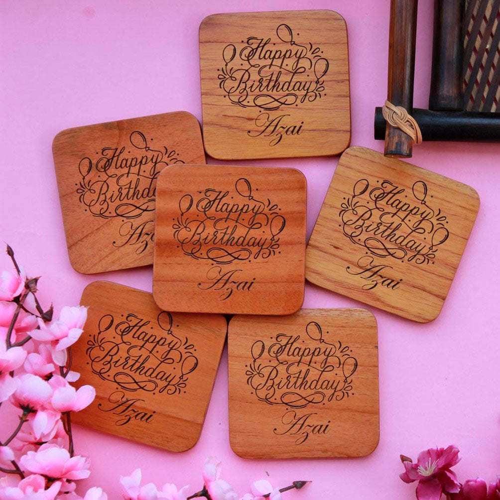 Happy Birthday Wooden Coaster Set With Holder