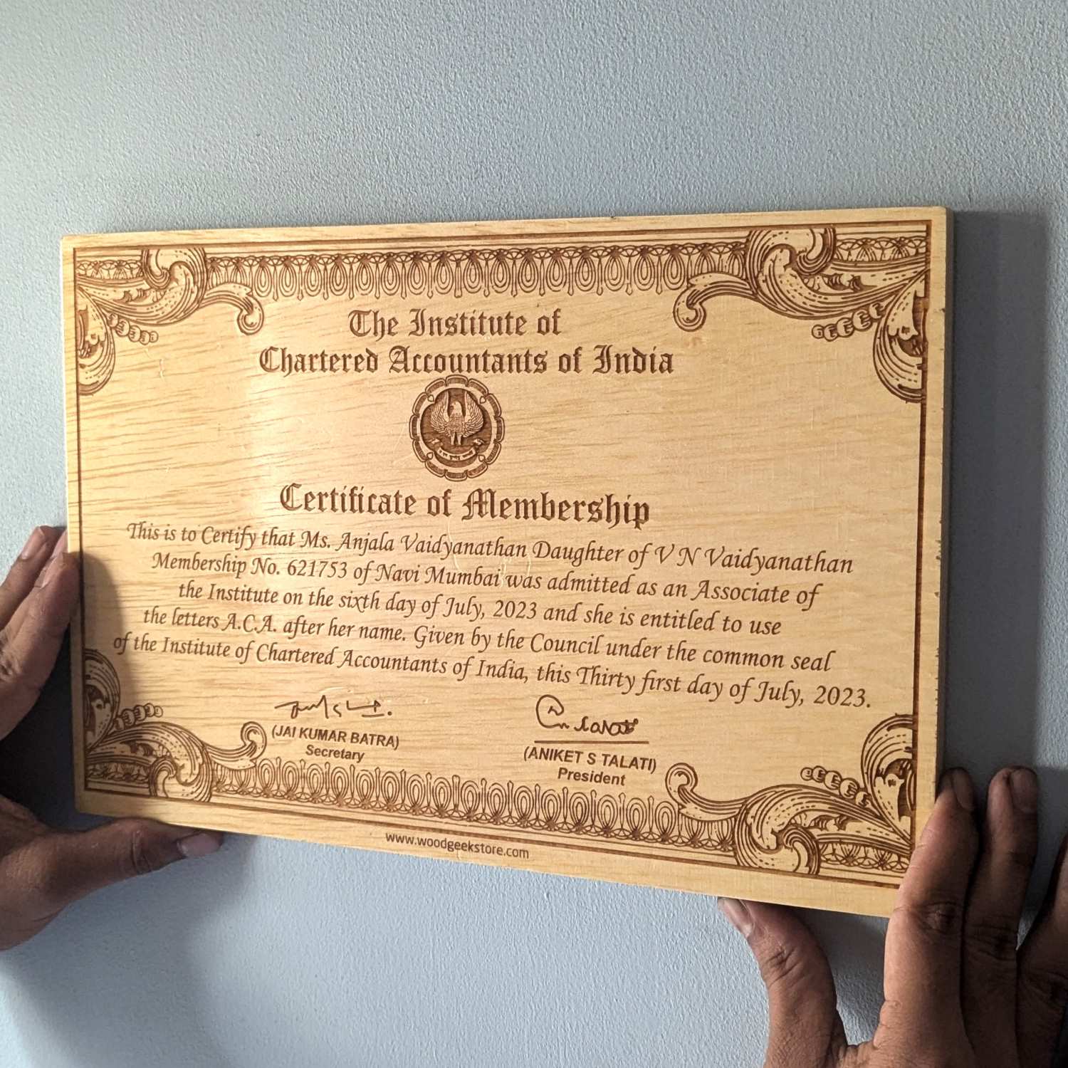 Wooden Certificate Of Membership For Chartered Accountants | CA Certificate