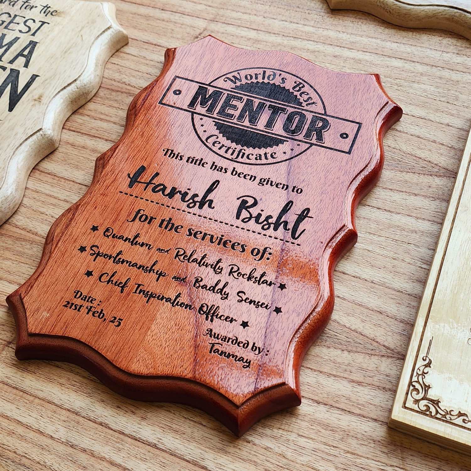 World's Best Mentor Engraved Wood Certificate | Custom Corporate Gift