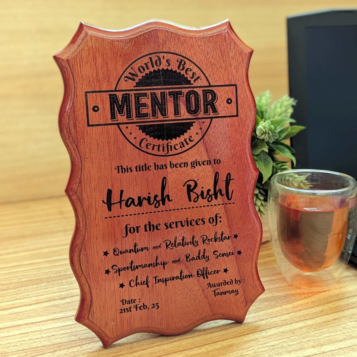 World's Best Mentor Engraved Wood Certificate | Custom Corporate Gift