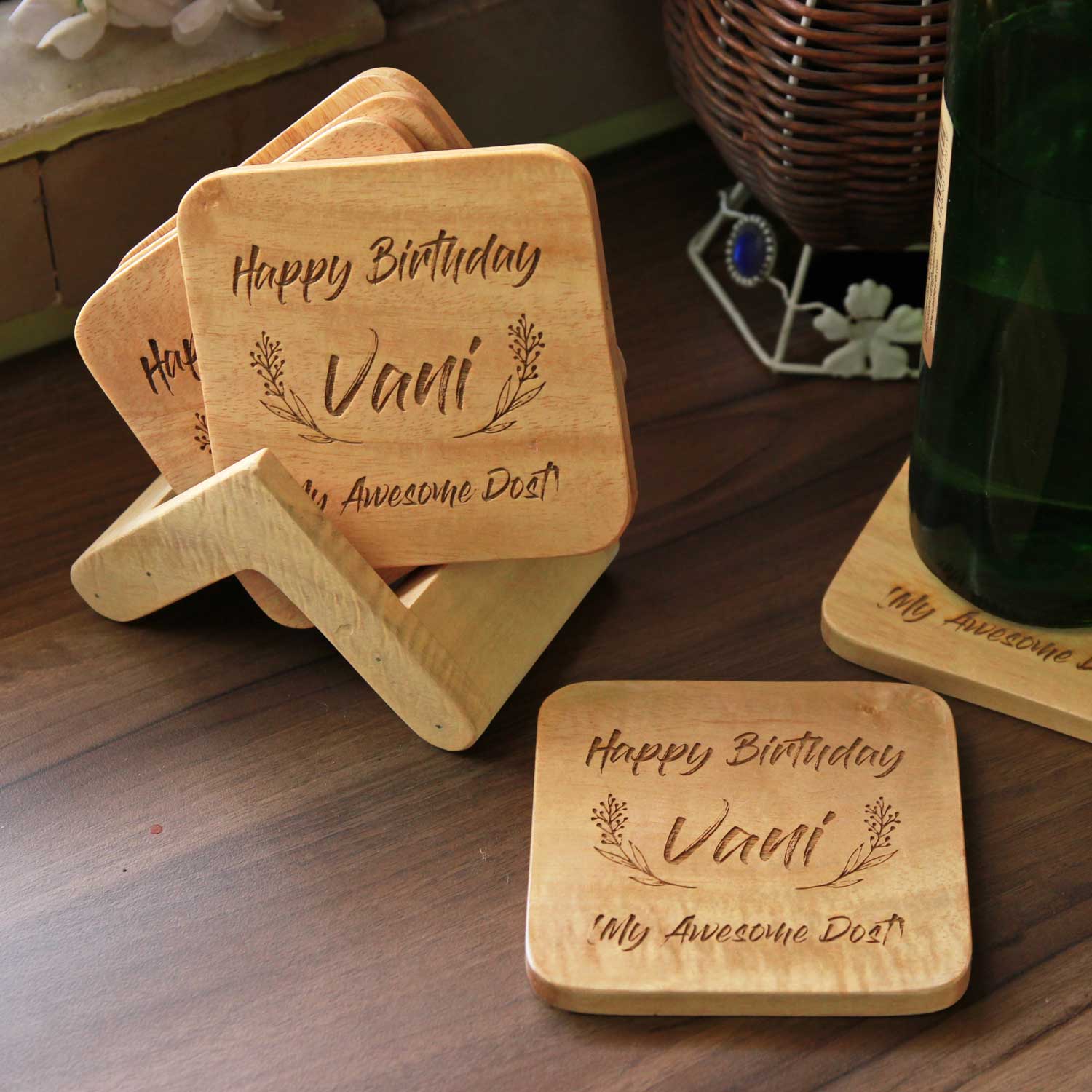 Happy Birthday Wooden Coaster Set With Holder