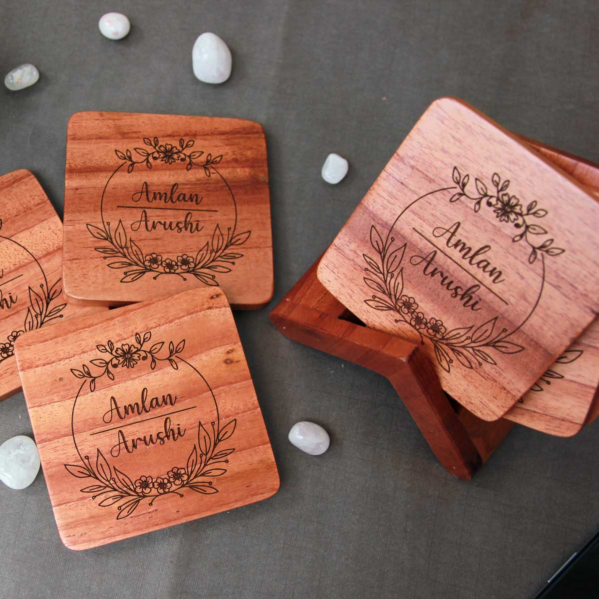 Custom Coasters Engraved With Couple Name - Wooden Coaster Set With Holder