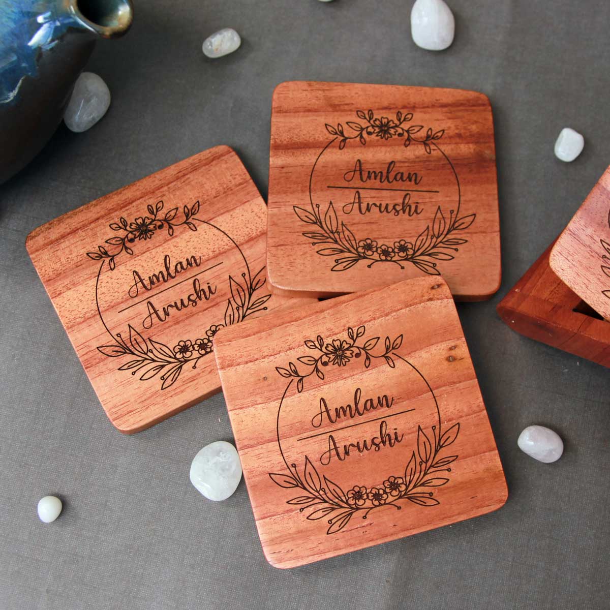 Custom Coasters Engraved With Couple Name - Wooden Coaster Set With Holder