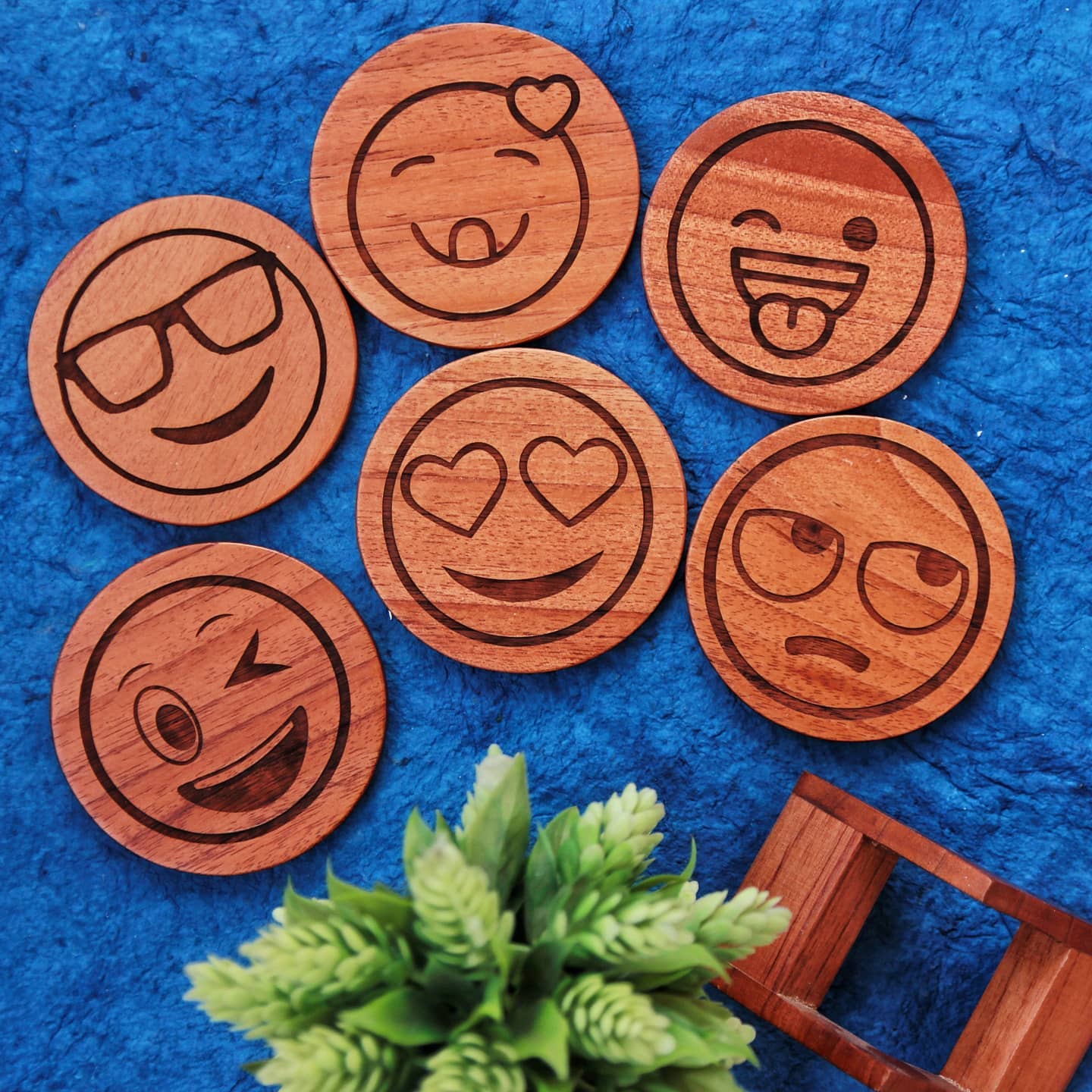 Emoji Coasters - Wooden Coaster Set With Holder