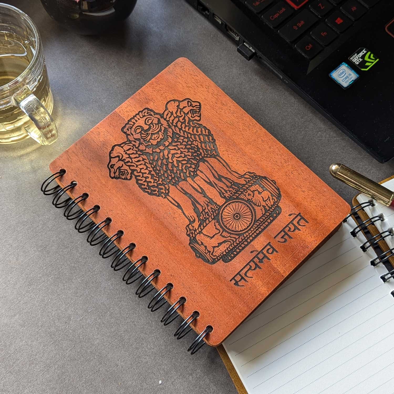 Ashok Stambh Engraved Wood Diary | Ashoka Pillar National Emblem Wood Notebook