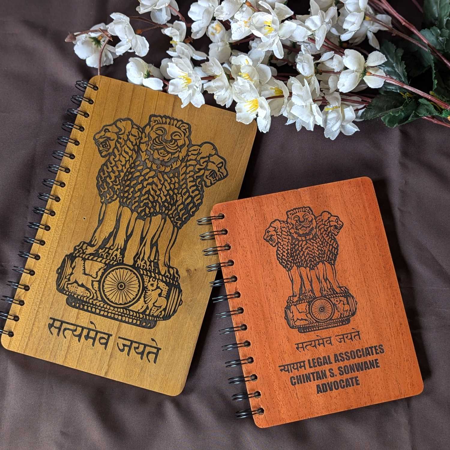 Ashok Stambh Engraved Wood Diary | Ashoka Pillar National Emblem Wood Notebook