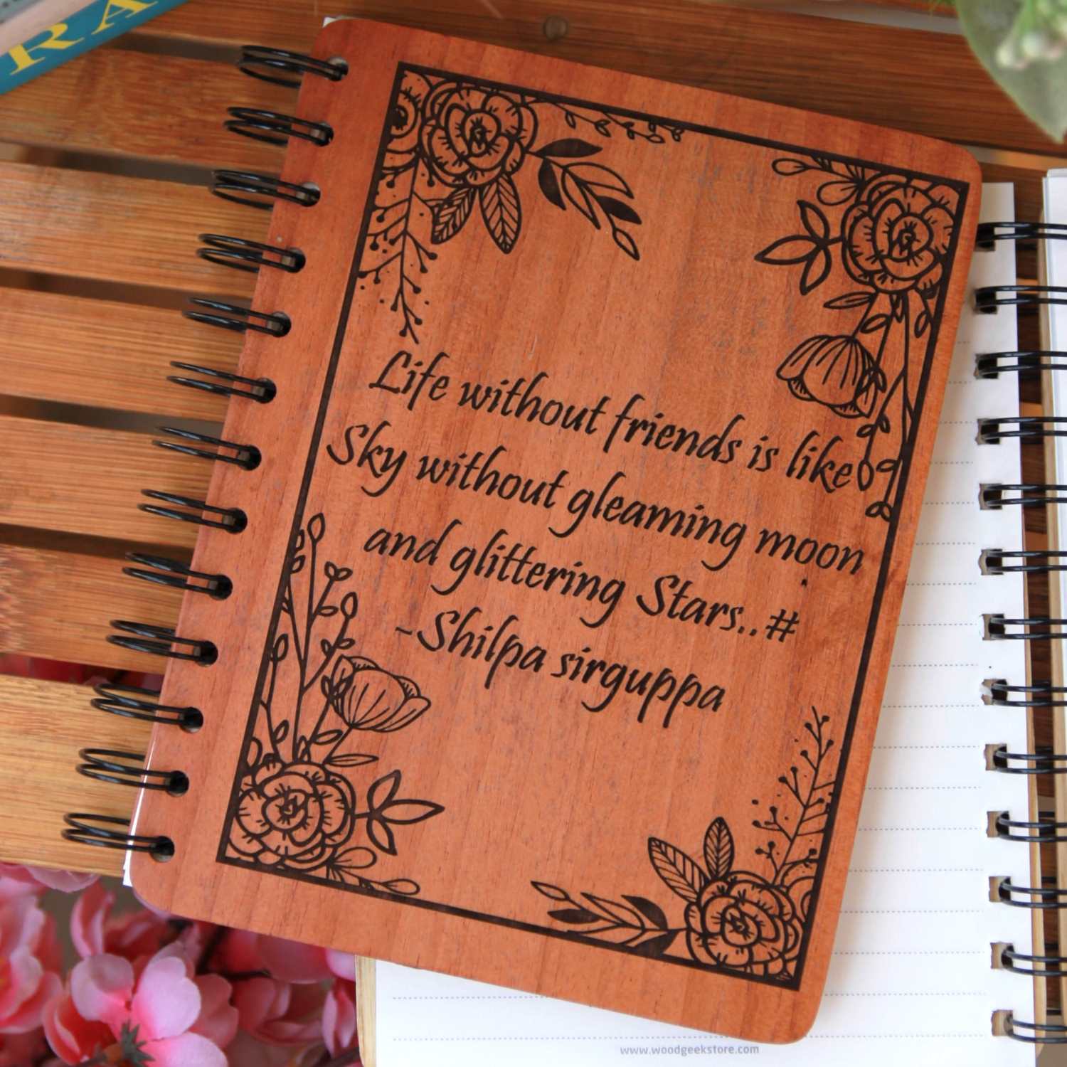 Friends Who Bloom Together – Personalized Wooden Friendship Notebook