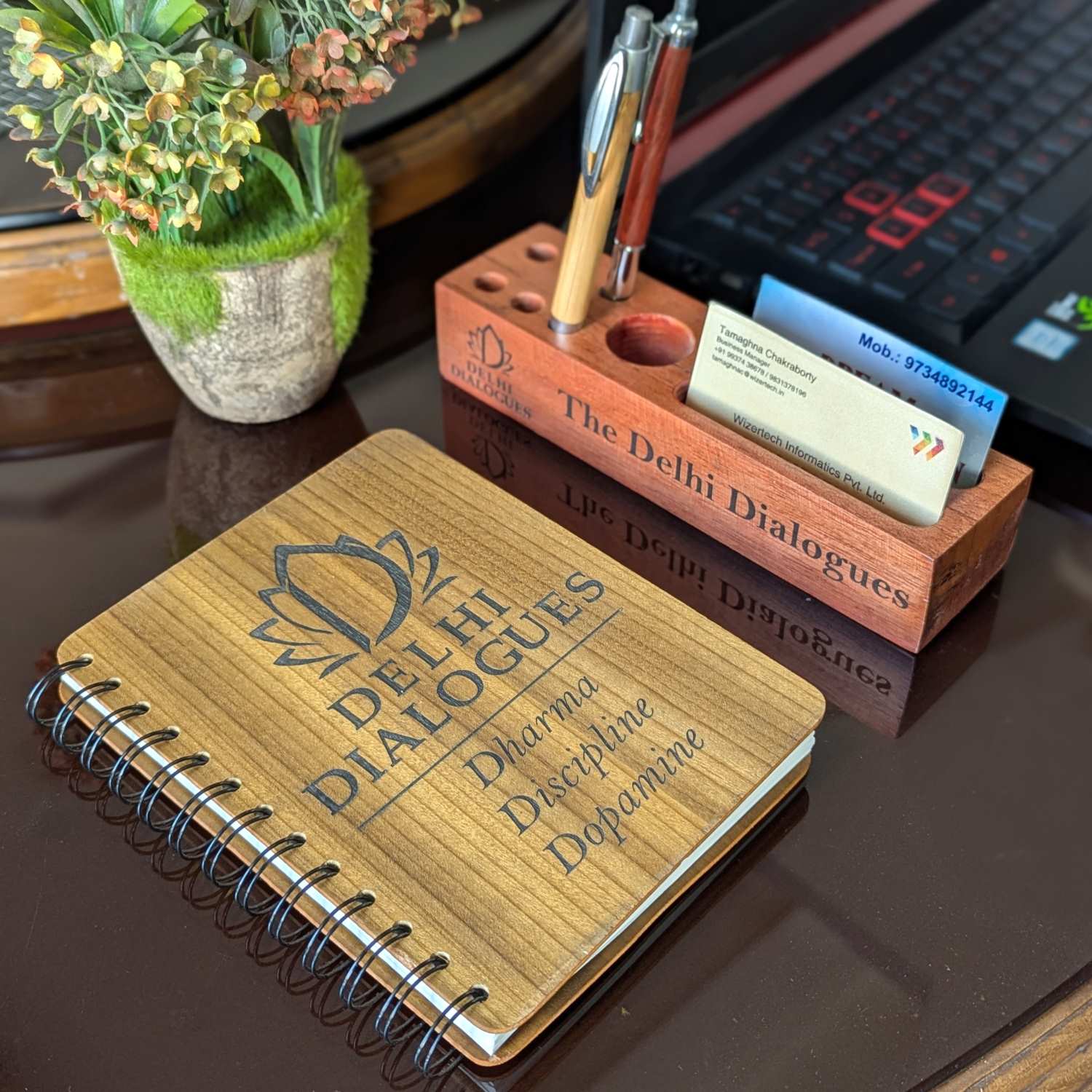 Executive Essentials: Personalized Wooden Diary & Pen Stand Set