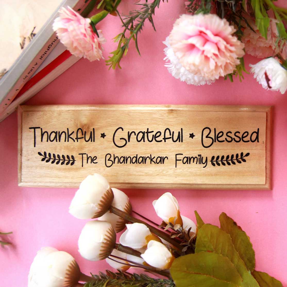 Personalized Wooden Home Nameplate - Thankful, Grateful, Blessed