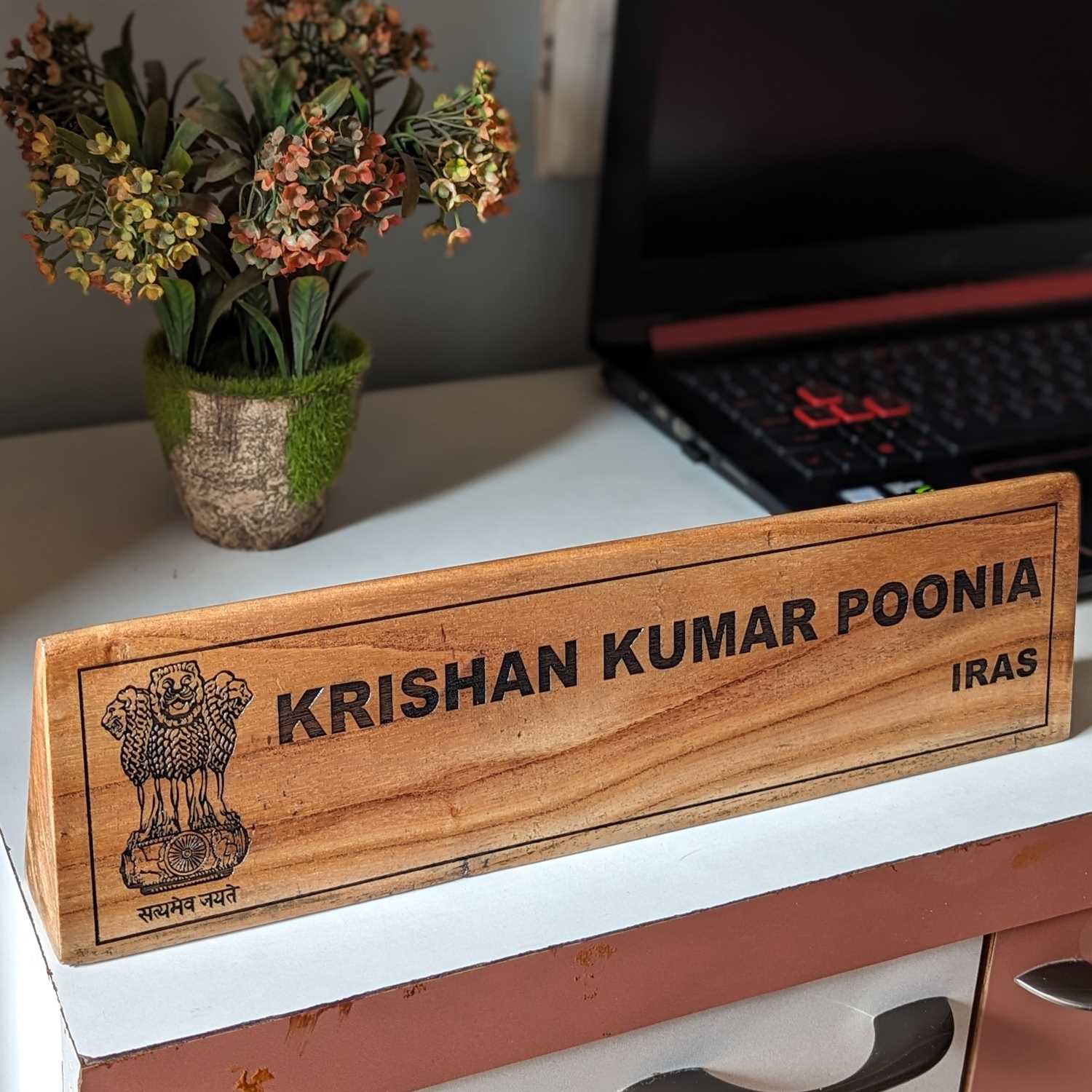 Professional Customized Triangular Desk Nameplate | Engraved with Logo & Designation