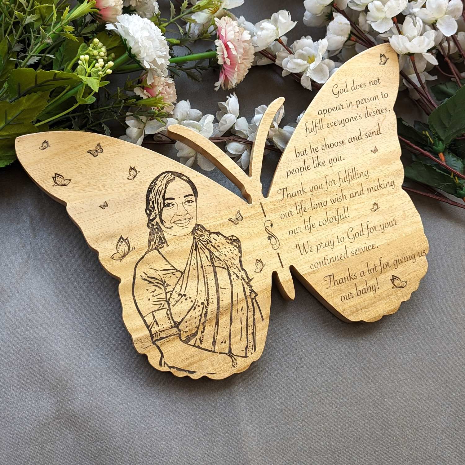 Fluttering Gratitude – Custom Butterfly Engraved Wooden Frame