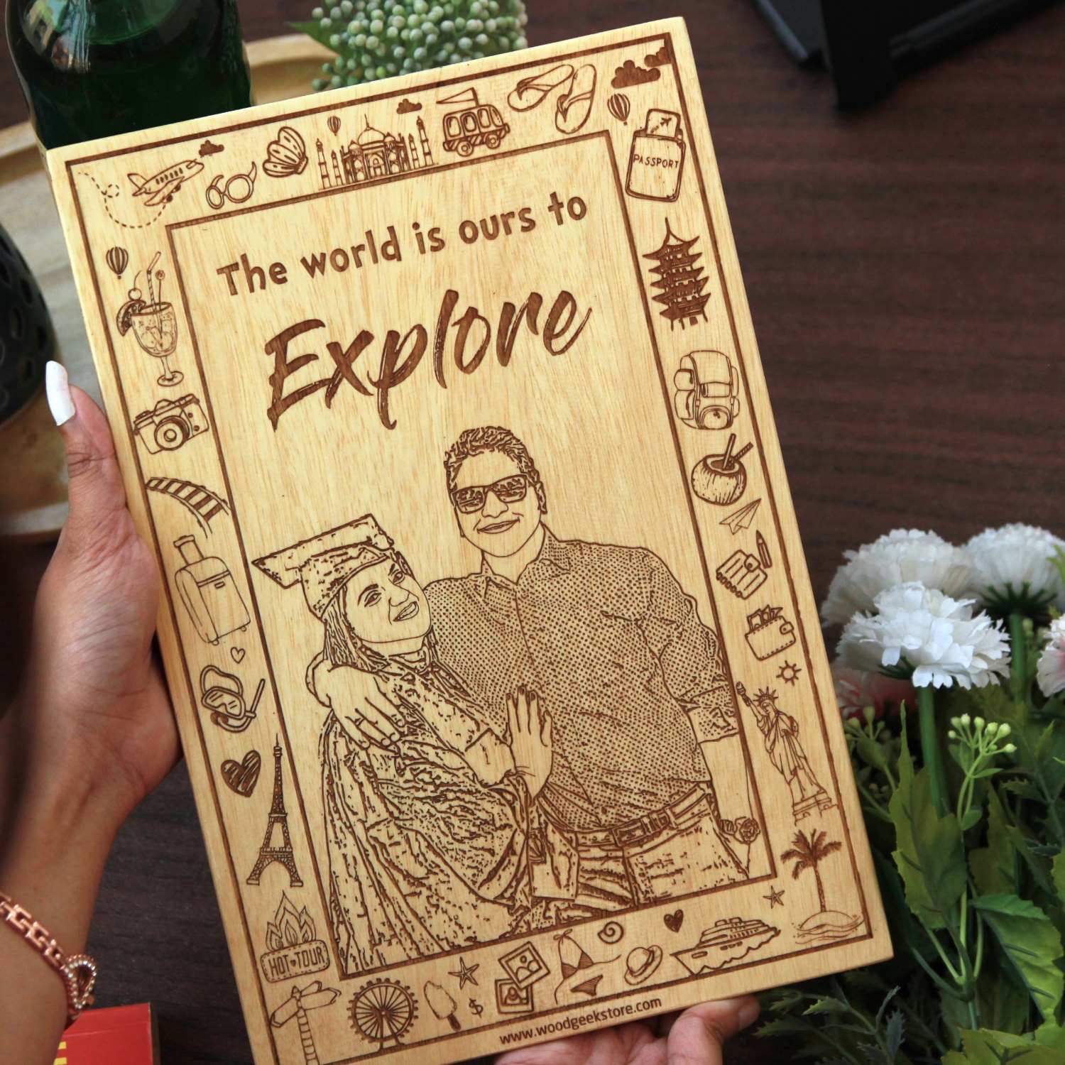 The World Is Ours to Explore – Personalized Travel-Themed Engraved Wood Frame