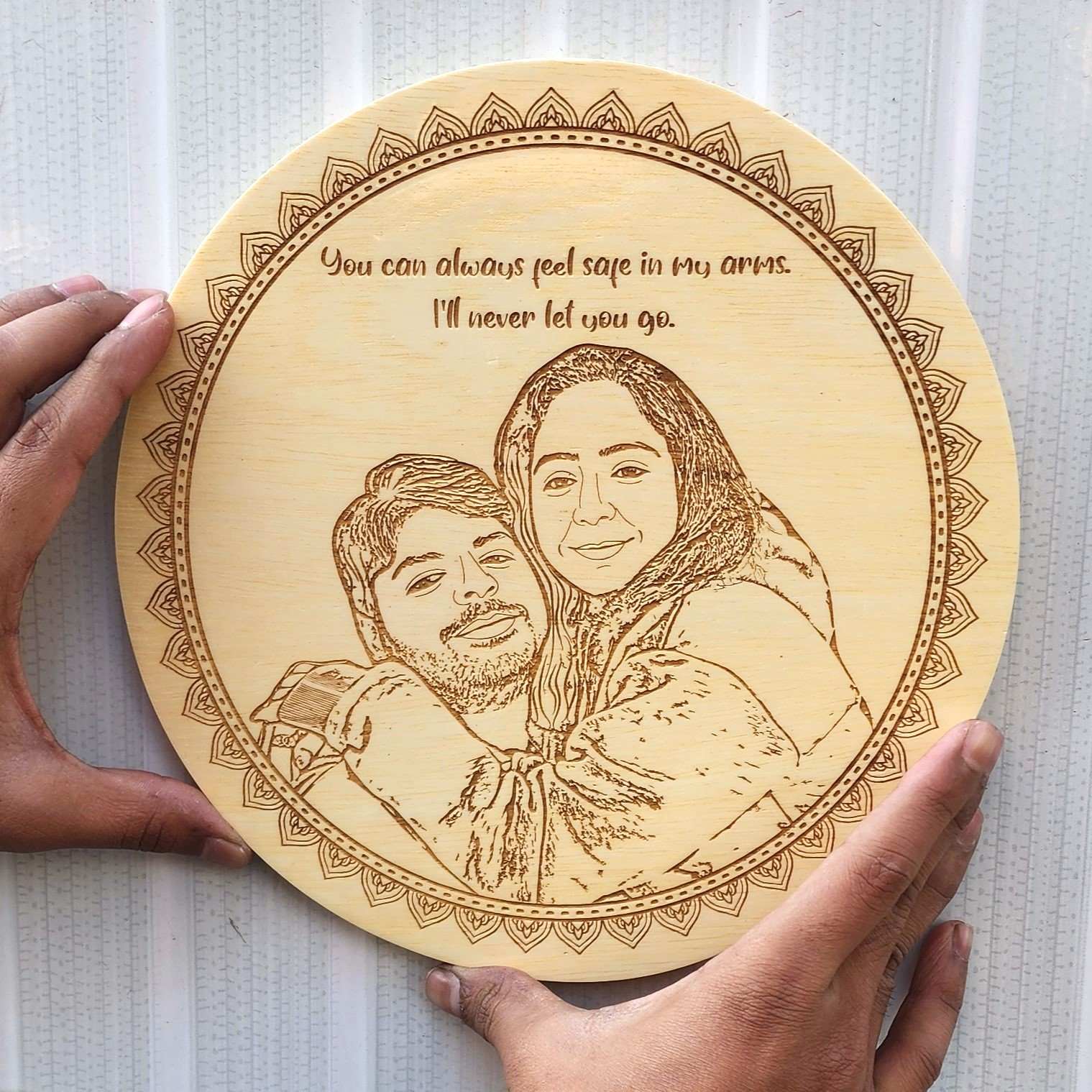 You Can Always Feel Safe in My Arms – Engraved Wooden Frame | Romantic Gift for Couples