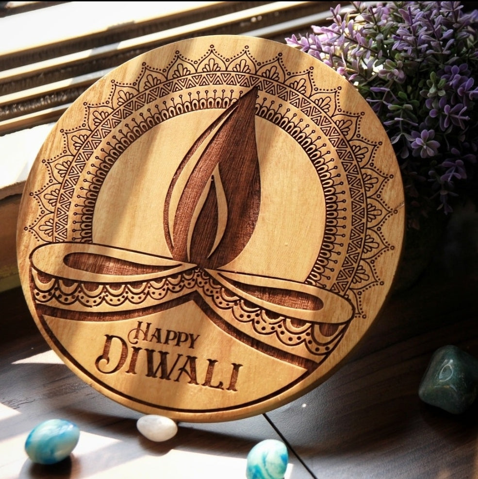 Happy Diwali Light of the World Carved Wooden Poster