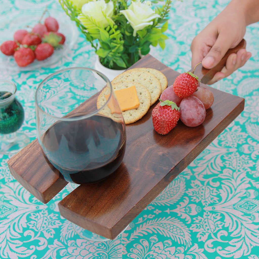 Wooden Cheese Serving Board With Wine Glass Holder