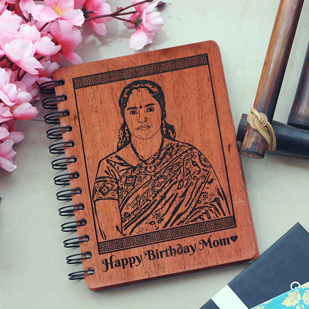 birthday wishes for mom engraved on wooden notebook