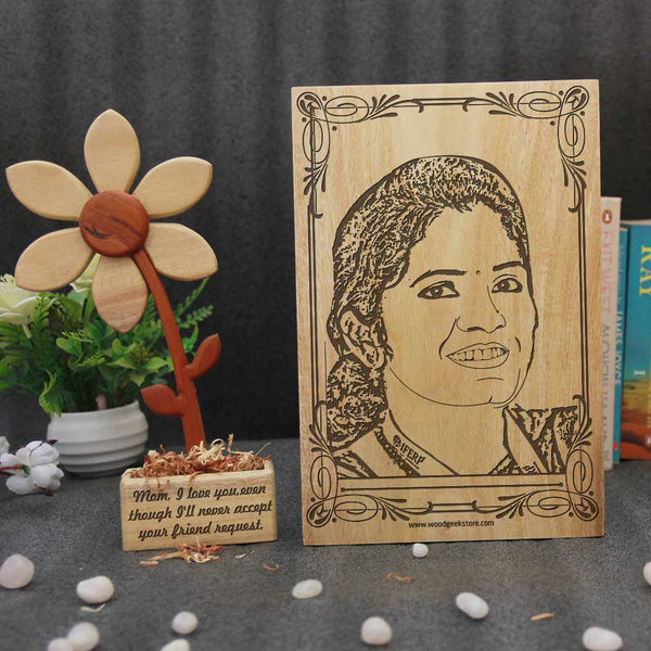 Wooden Flower & Photo Engraved Frame For Mom 