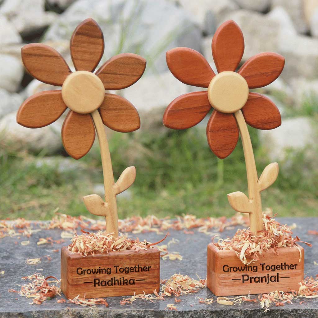 wooden flower set of 2 growing together